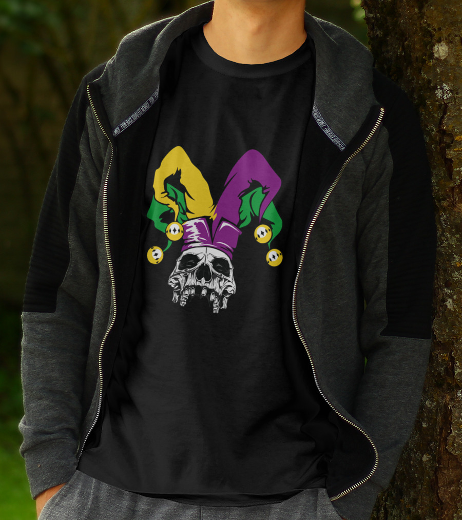 Mardi Gras Skull Jester Hat Purple Green Yellow T-Shirt
