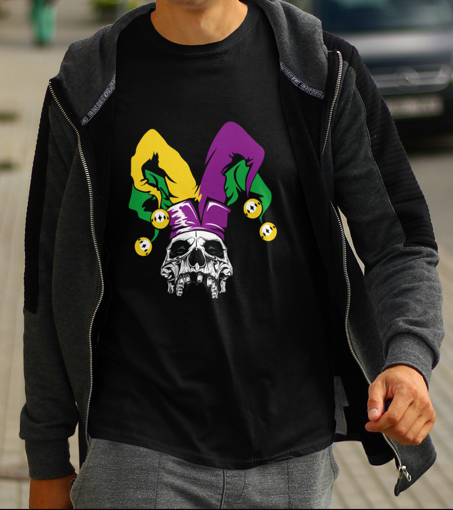 Mardi Gras Skull Jester Hat Purple Green Yellow T-Shirt