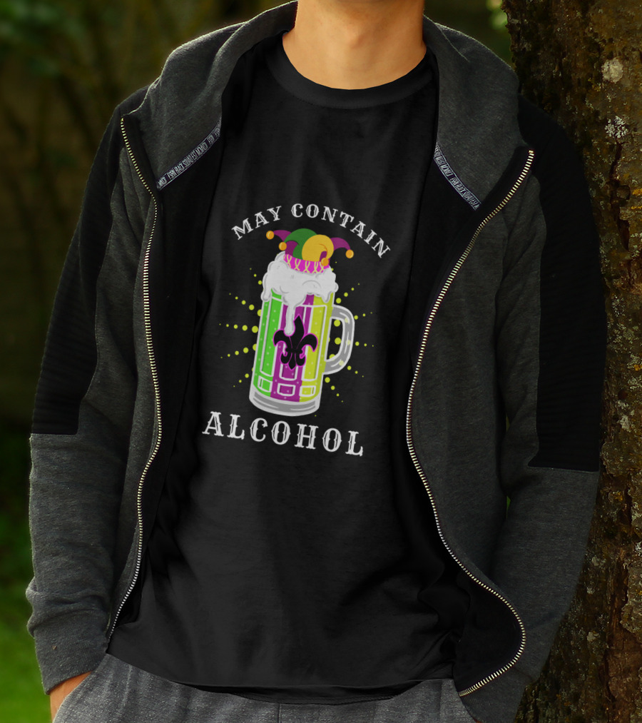 May Contain Alcohol Mardi Gras Jester Hat Beer Mug Fleur-de-Lis T-Shirt