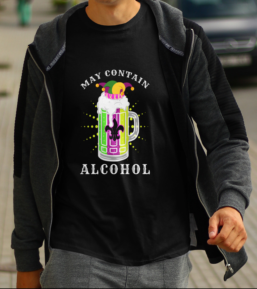 May Contain Alcohol Mardi Gras Jester Hat Beer Mug Fleur-de-Lis T-Shirt