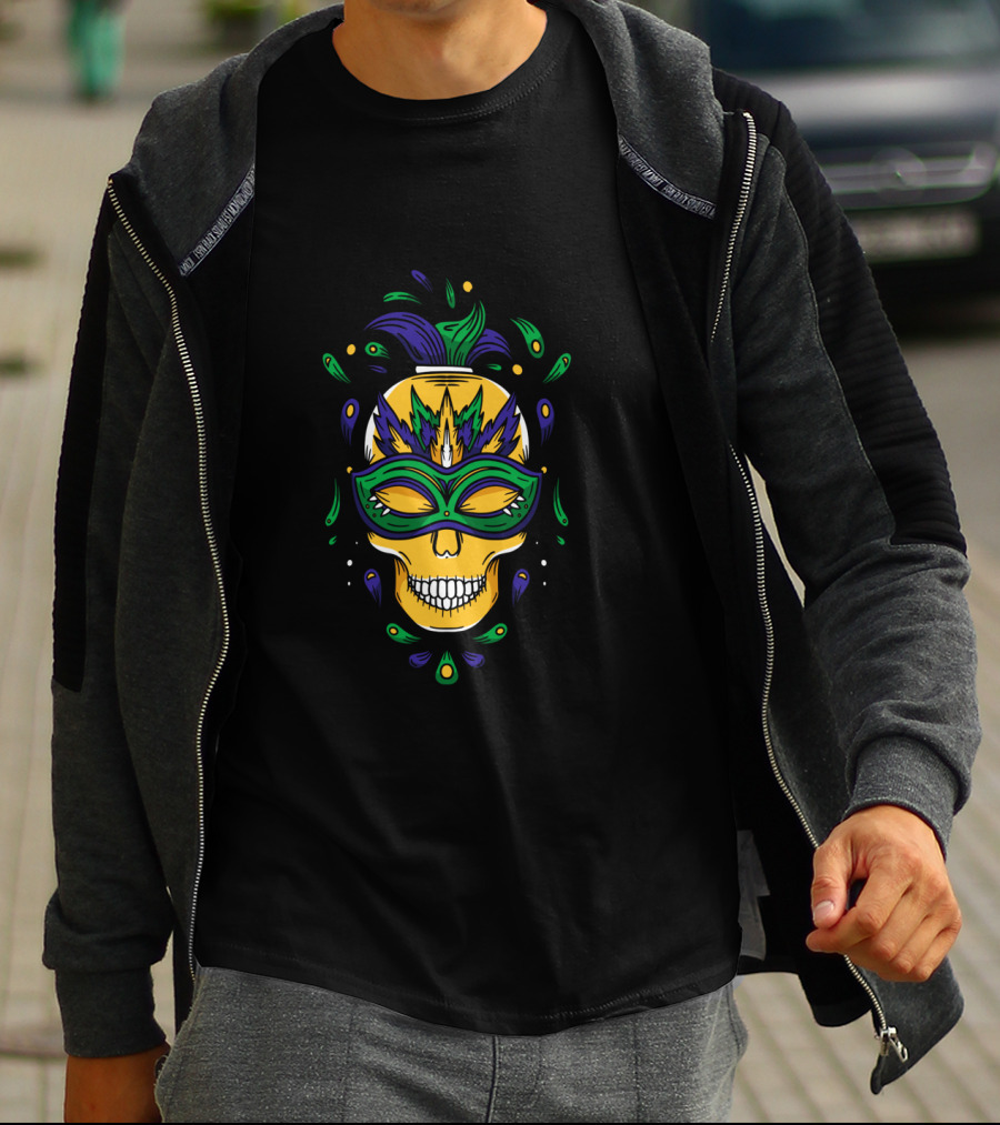 Mardi Gras Skull Jester Mask With Feathers And Colors T-Shirt