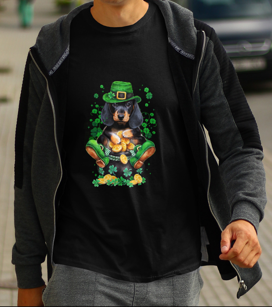 Dachshund Patrick Baby Funny Patrick Leprechaun Hat Shamrocks Pot Of Gold Coins T-Shirt