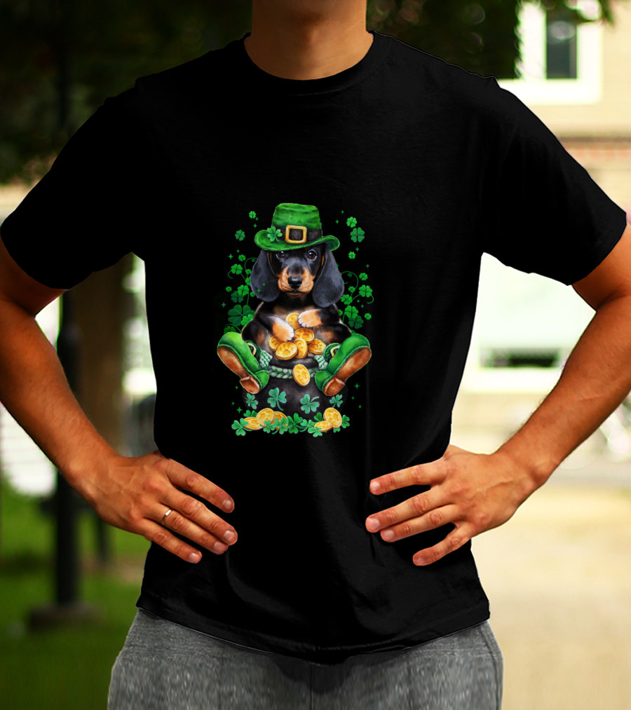 Dachshund Patrick Baby Funny Patrick Leprechaun Hat Shamrocks Pot Of Gold Coins T-Shirt