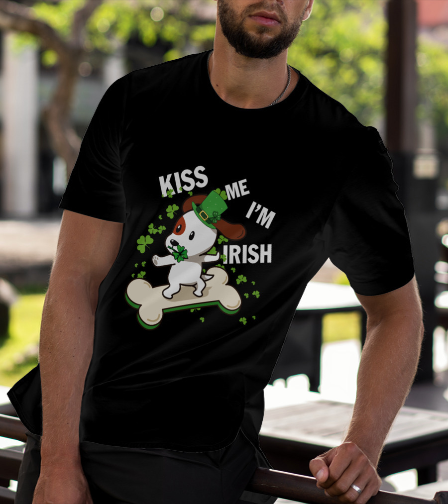 Kiss Me I'm Irish Jack Russell Dog With Lucky Shamrock And Hat On Bone T-Shirt