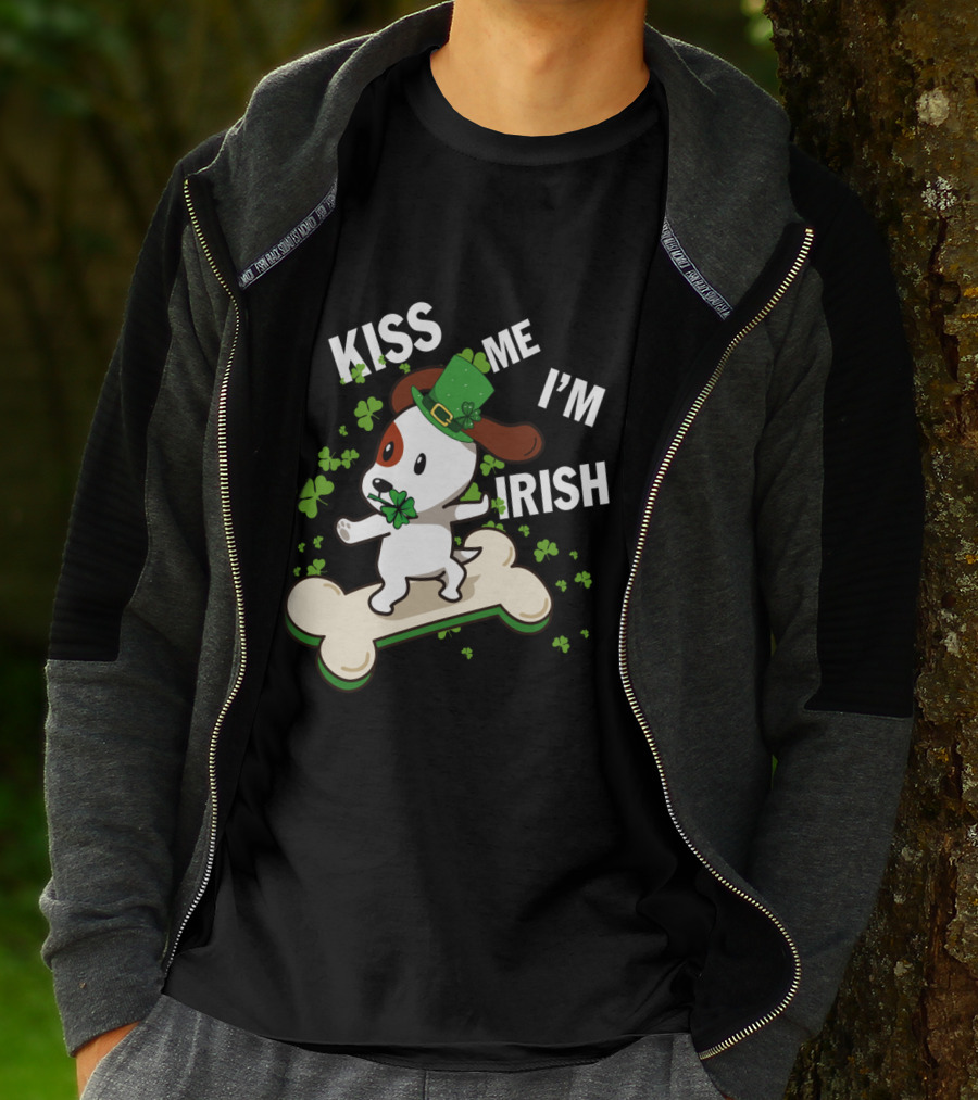 Kiss Me I'm Irish Jack Russell Dog With Lucky Shamrock And Hat On Bone T-Shirt