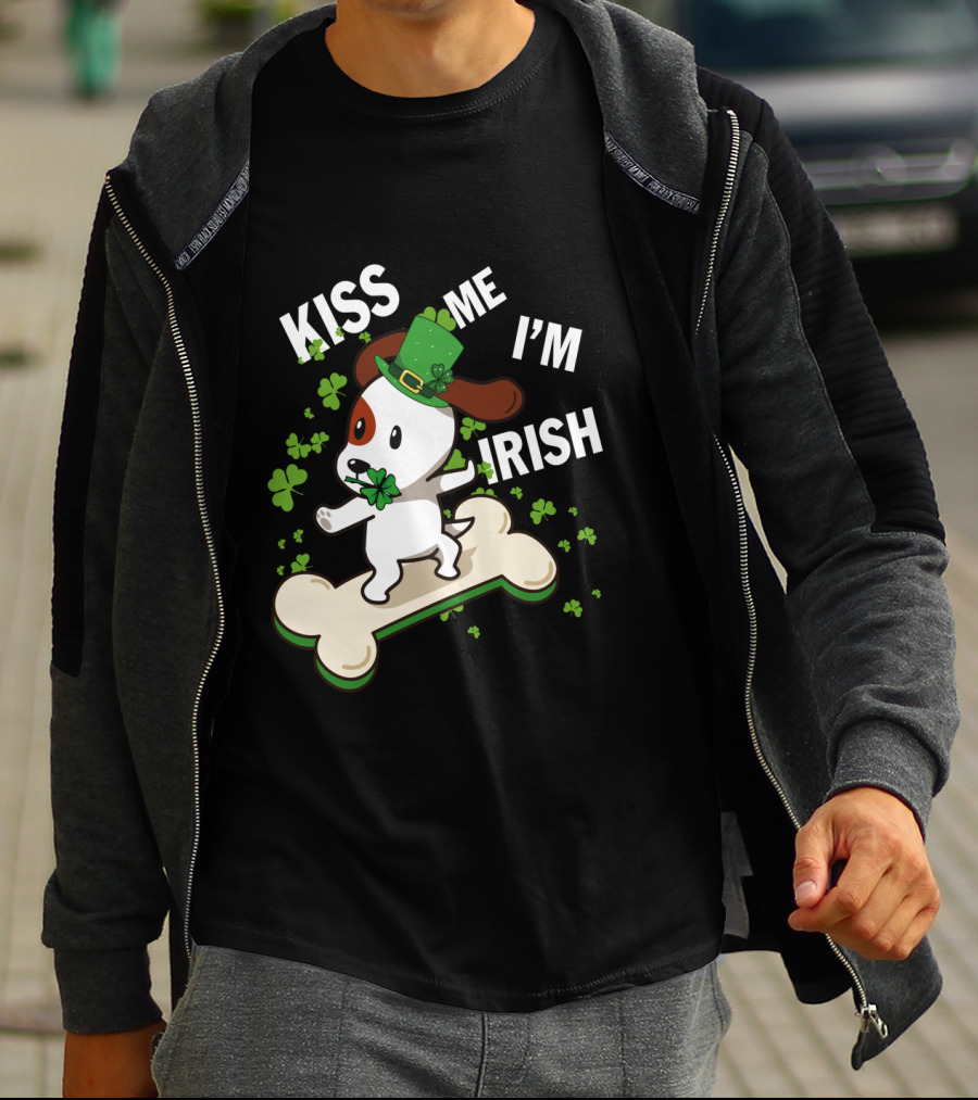 Kiss Me I'm Irish Jack Russell Dog With Lucky Shamrock And Hat On Bone T-Shirt