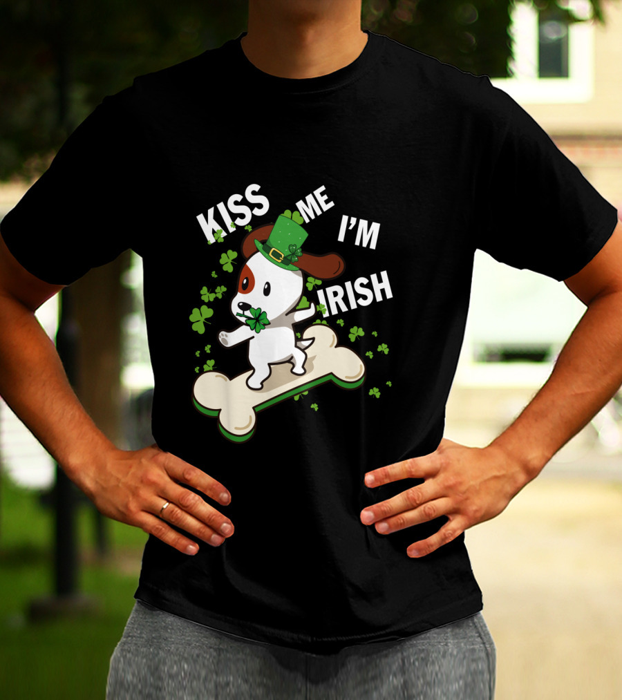 Kiss Me I'm Irish Jack Russell Dog With Lucky Shamrock And Hat On Bone T-Shirt