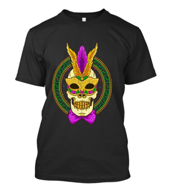 Mardi Gras Feathered Skull Mask With Colorful Bowtie T-Shirt