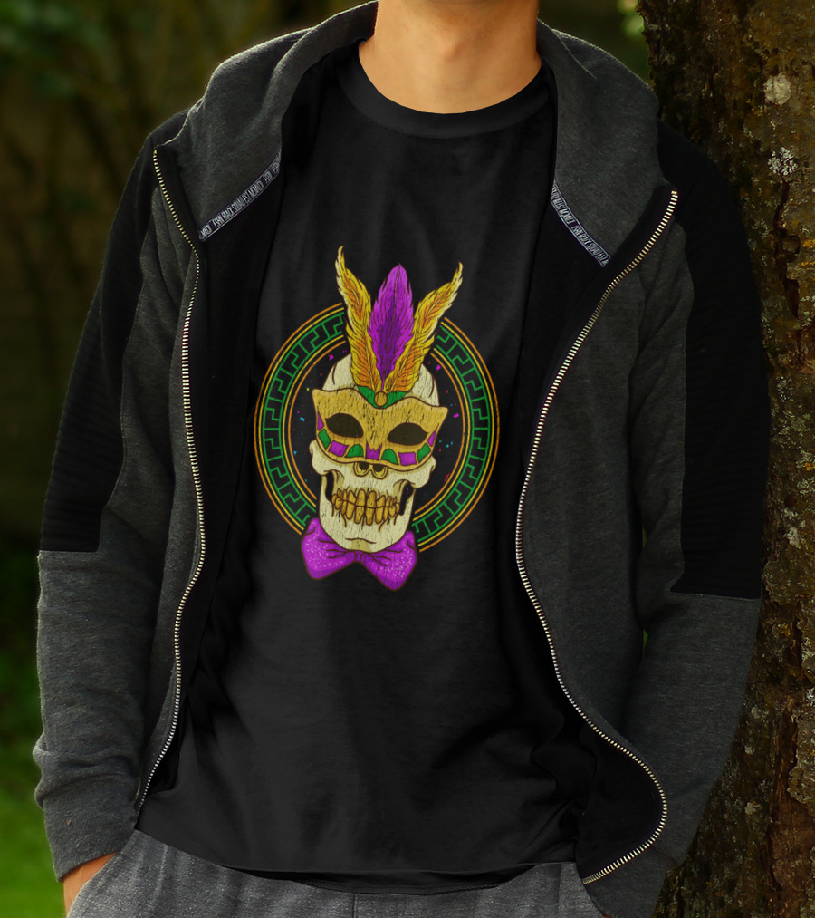 Mardi Gras Feathered Skull Mask With Colorful Bowtie T-Shirt