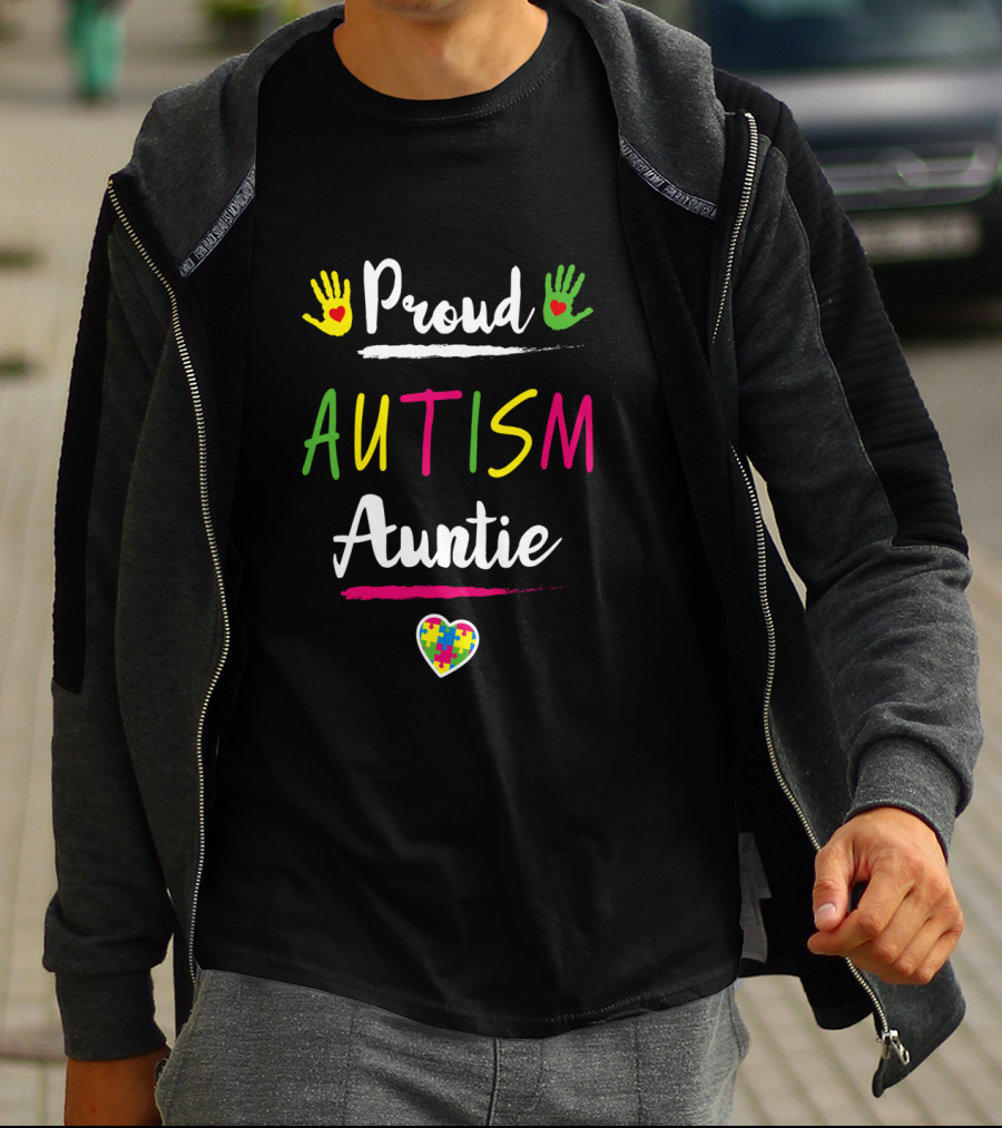 Proud Autism Auntie Colorful Heart Handprints Autism Awareness Day T-Shirt
