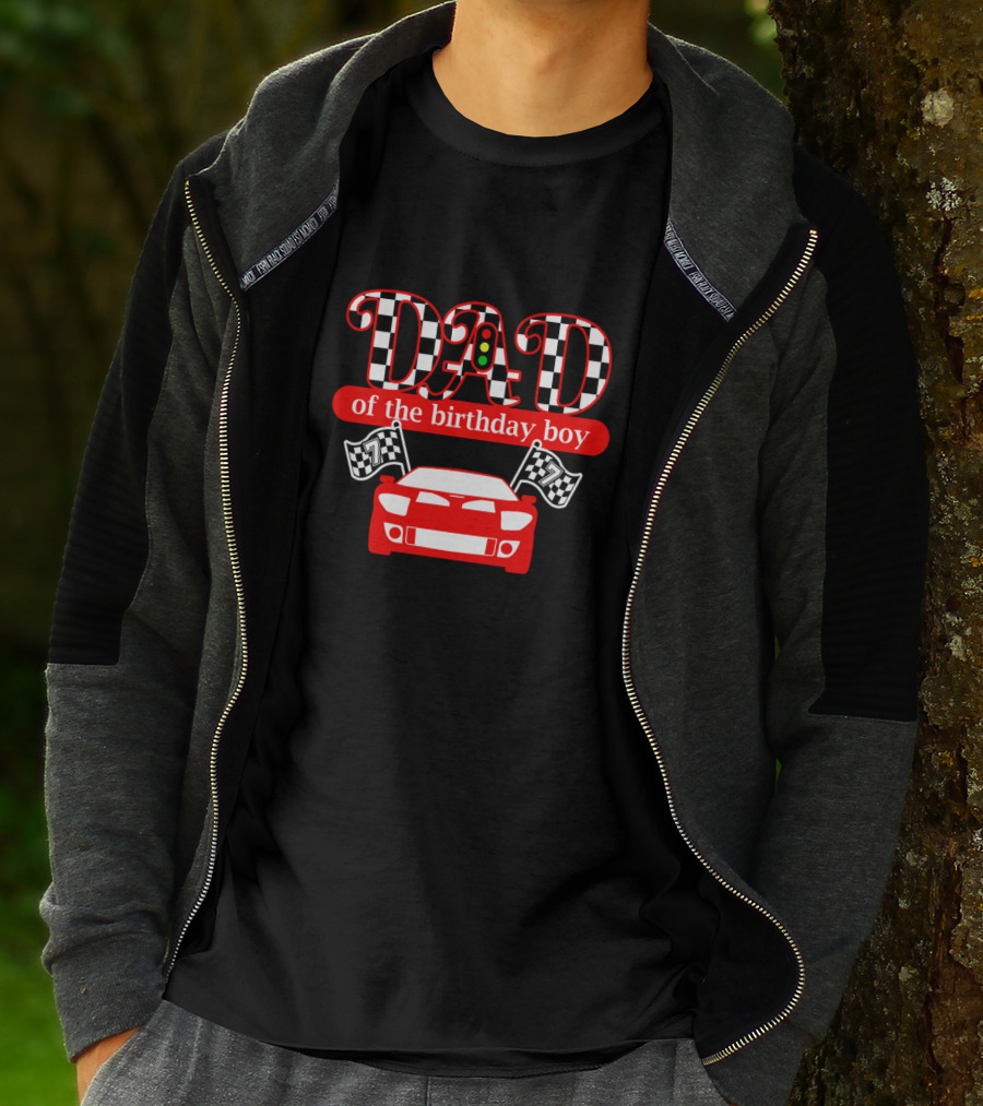 Dad Of The Birthday Boy Race Car Theme With Checkered Flags And Red Car T-Shirt