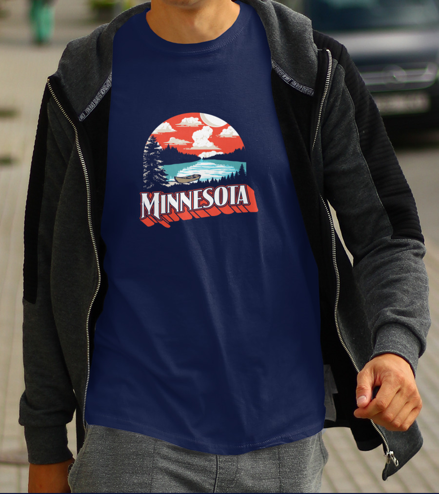 Minnesota Boat On Scenic Vintage Lake With Forest And Sunset Sky T-Shirt