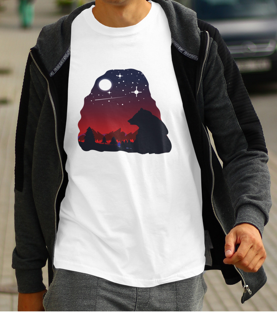 Bear Wildlife Animal Stargazing In Mountain Night Scene T-Shirt