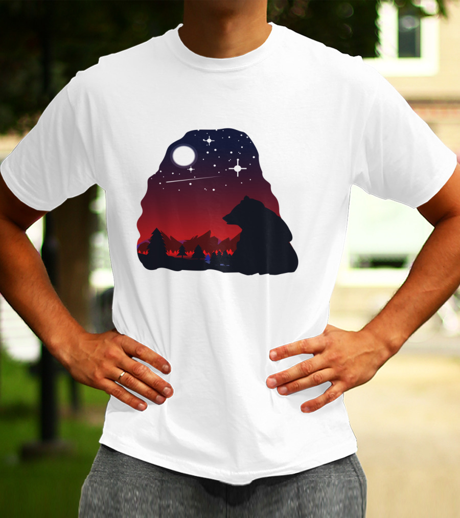 Bear Wildlife Animal Stargazing In Mountain Night Scene T-Shirt