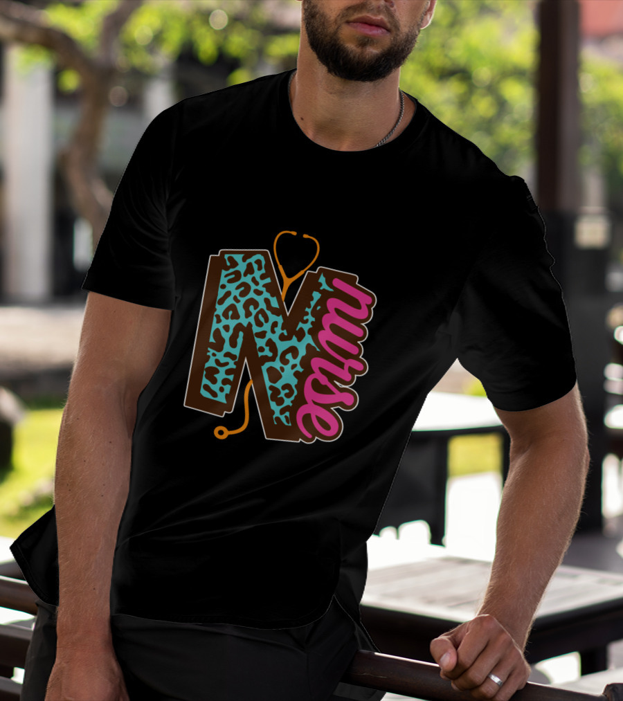 Nurse Leopard Print Stethoscope Lettering T-Shirt