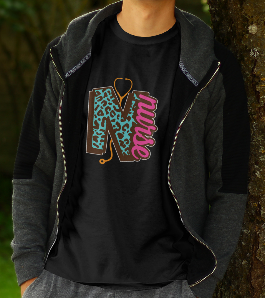 Nurse Leopard Print Stethoscope Lettering T-Shirt