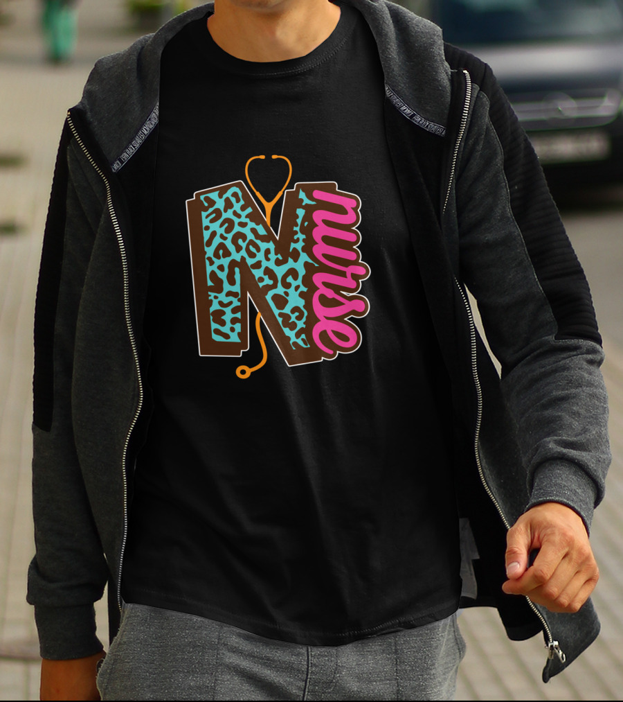 Nurse Leopard Print Stethoscope Lettering T-Shirt