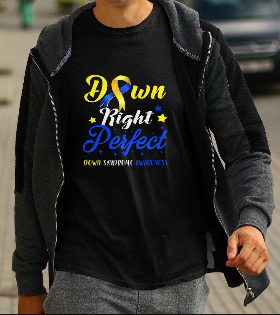 Down Syndrome Awareness Down Right Perfect Yellow Blue Ribbon Stars T-Shirt