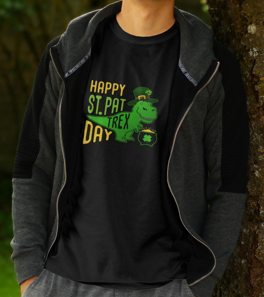 Happy St Pat Day T-Rex Dinosaur With Hat And Pot Of Gold T-Shirt