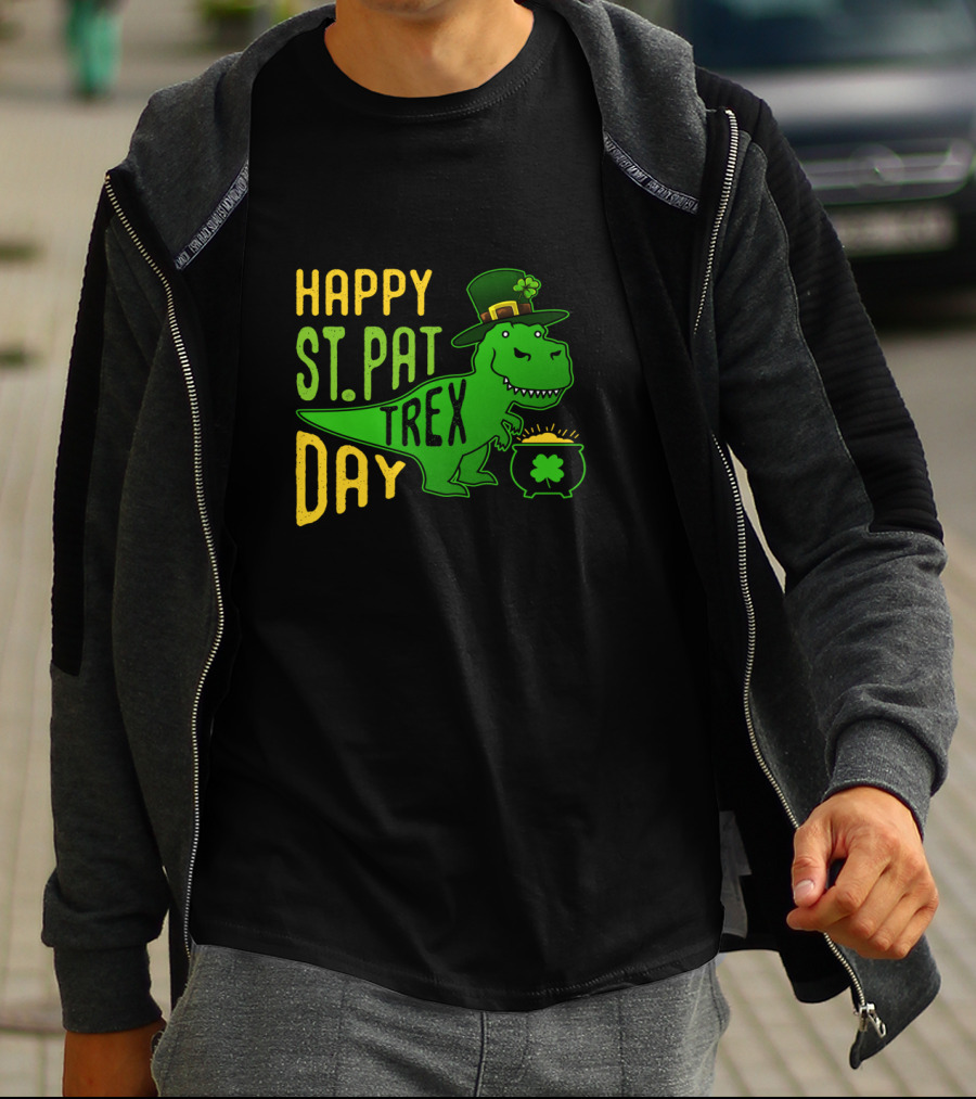 Happy St Pat Day T-Rex Dinosaur With Hat And Pot Of Gold T-Shirt