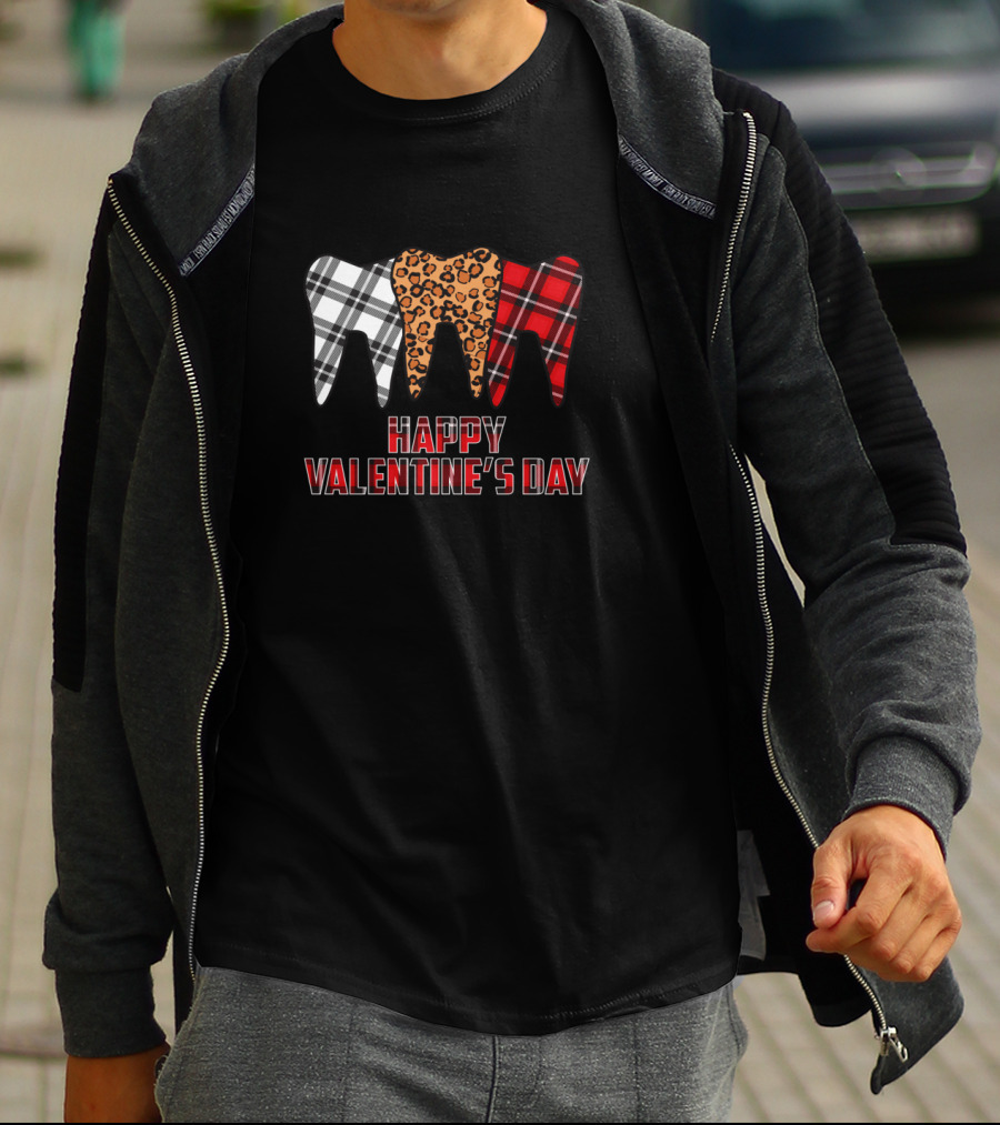 Happy Valentine's Day Plaid Leopard Dentist Teeth T-Shirt