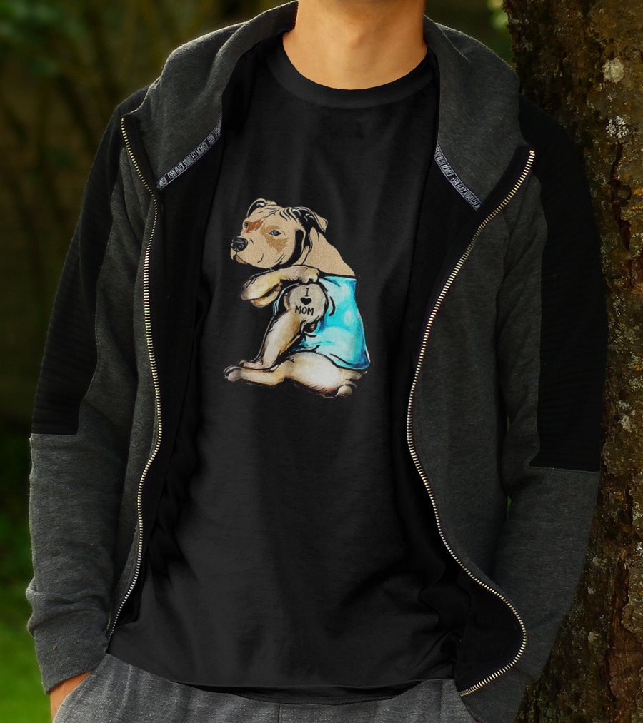 Pit Bull I Love Mom Tattooed Dog In Blue T-Shirt