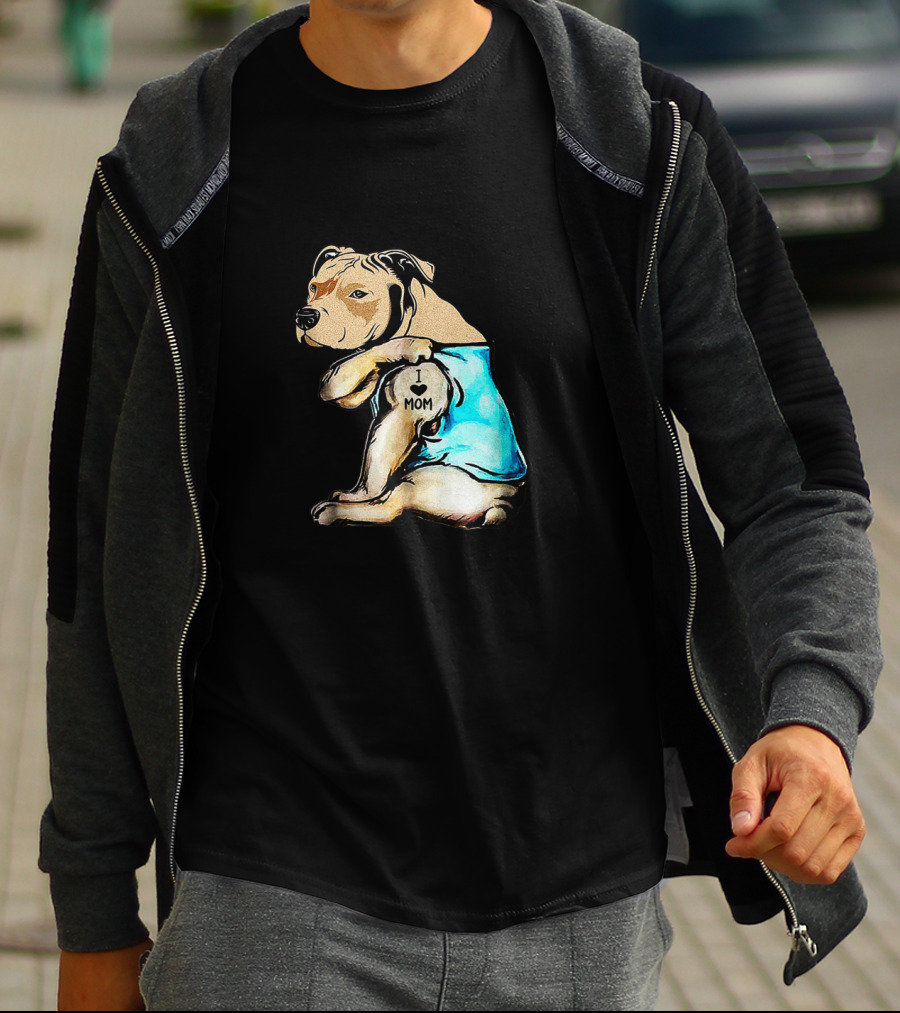 Pit Bull I Love Mom Tattooed Dog In Blue T-Shirt