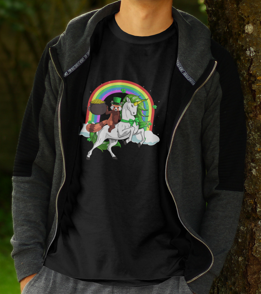 Red Panda Holding Gold On Lepricorn Unicorn With Rainbow T-Shirt