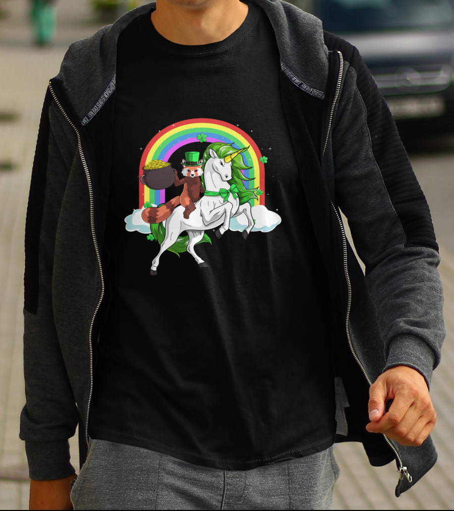 Red Panda Holding Gold On Lepricorn Unicorn With Rainbow T-Shirt