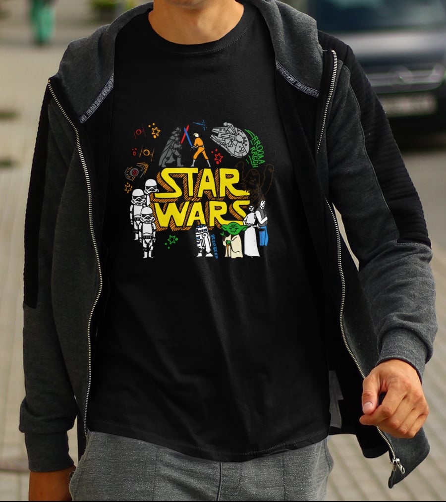 Star Wars Colorful Multi Character Doodle Millennium Falcon Darth Vader Yoda R2-D2 Stormtroopers T-Shirt