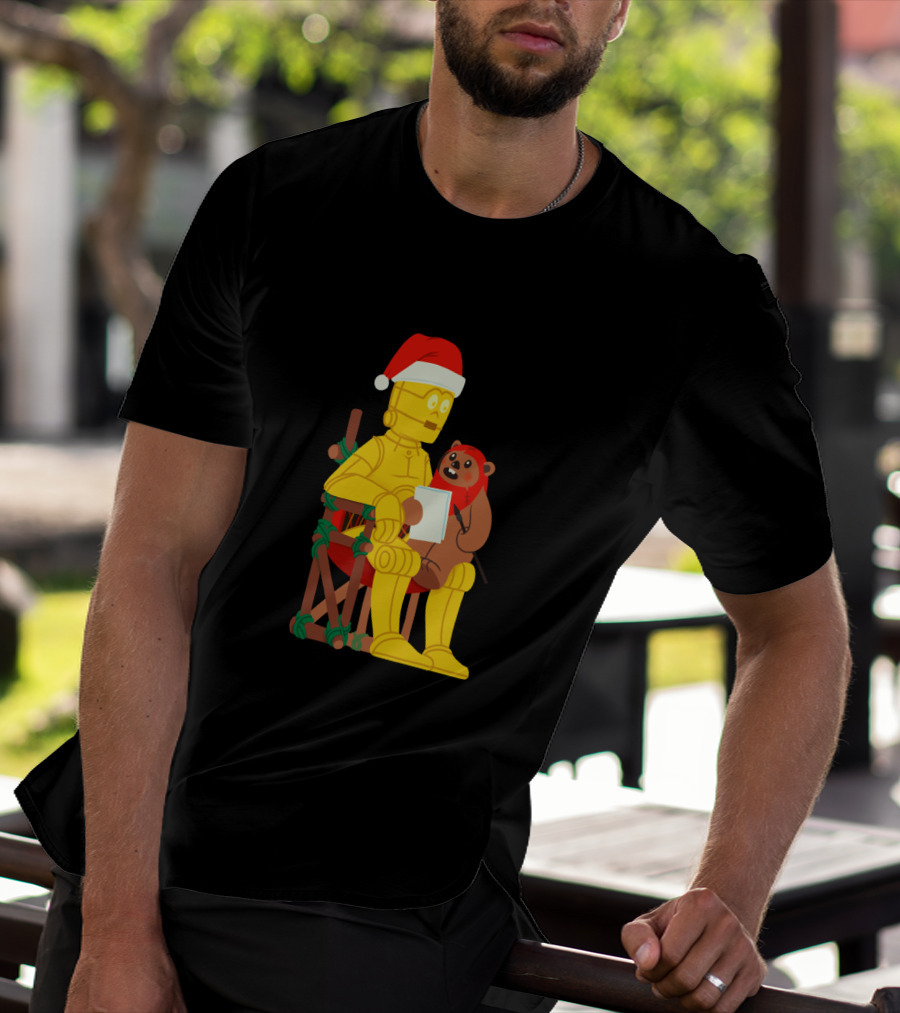 Star Wars Holiday Santa C 3PO And Ewok Christmas Chair Scene T-Shirt