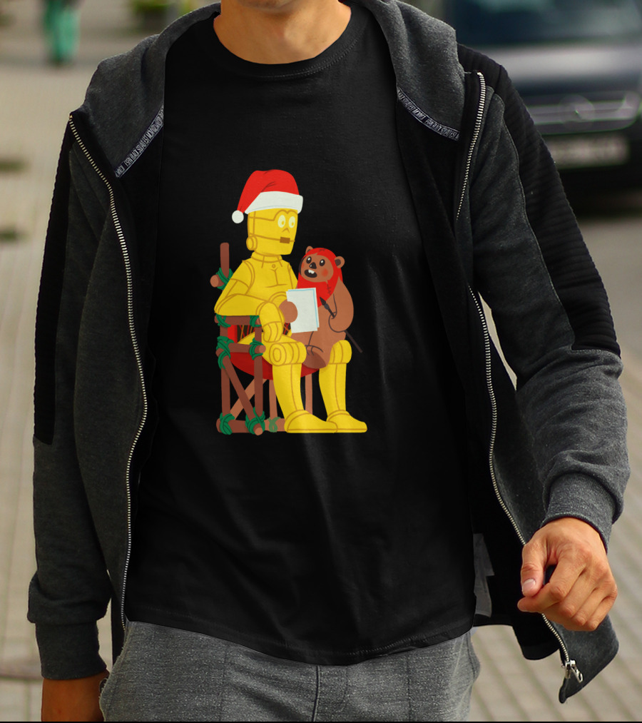 Star Wars Holiday Santa C 3PO And Ewok Christmas Chair Scene T-Shirt