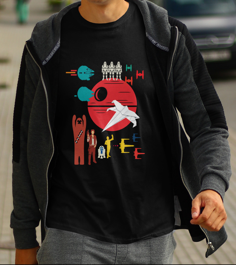 Star Wars Origami Collage Millennium Falcon TIE Fighter Chewbacca R2-D2 T-Shirt