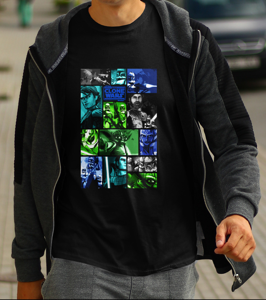 Star Wars The Clone Wars Character Montage Panels Featuring Iconic Heroes And Villains T-Shirt
