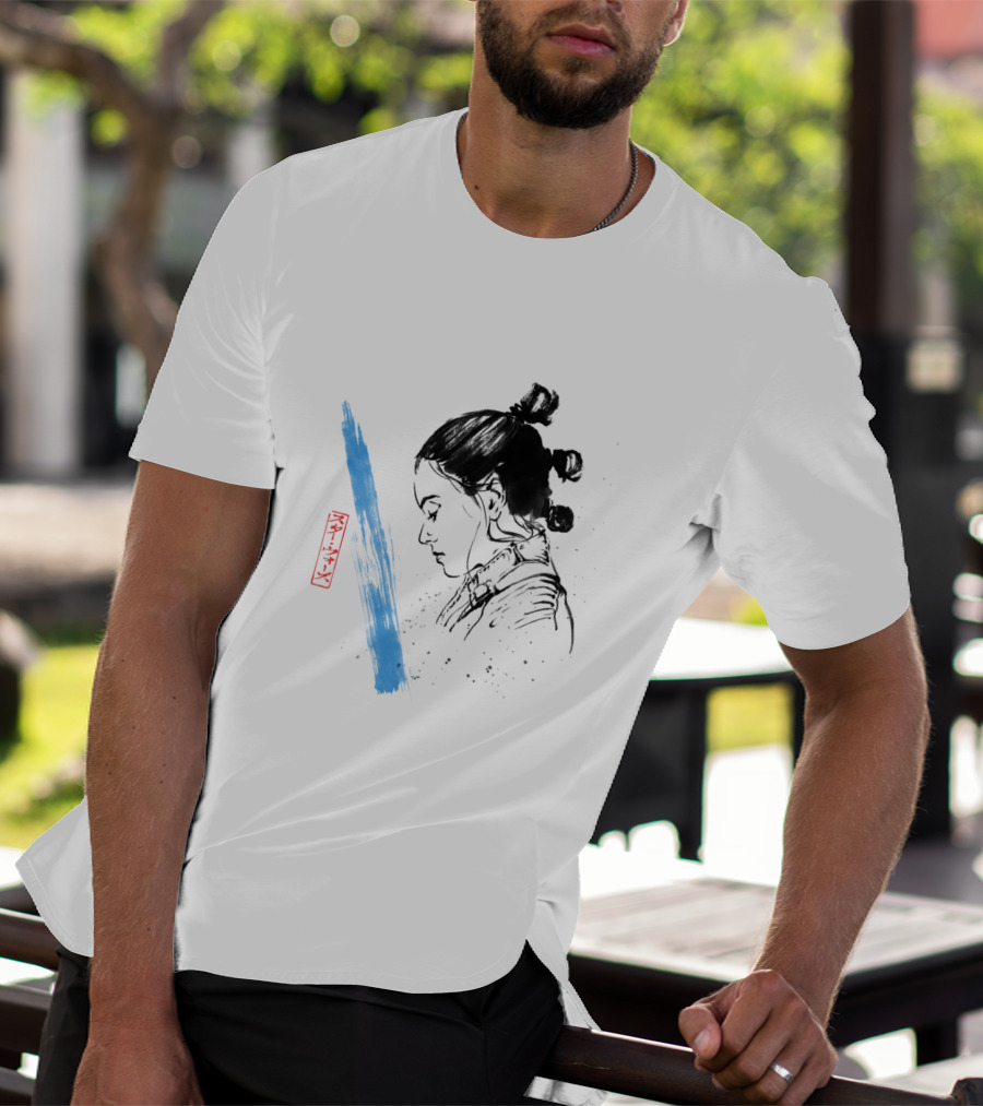 Star Wars The Last Jedi Rey Watercolor Sketch Profile With Blue Brushstroke And Red Kanji Markings T-Shirt