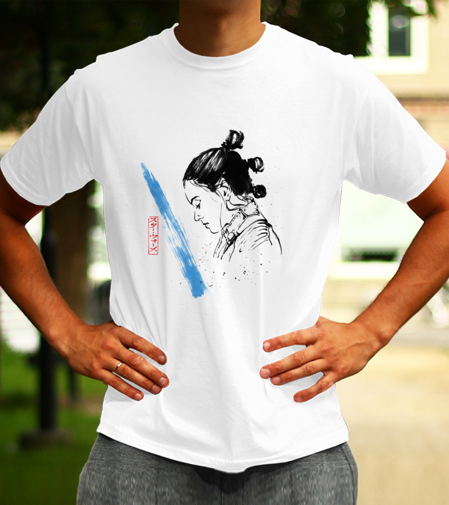 Star Wars The Last Jedi Rey Watercolor Sketch Profile With Blue Brushstroke And Red Kanji Markings T-Shirt