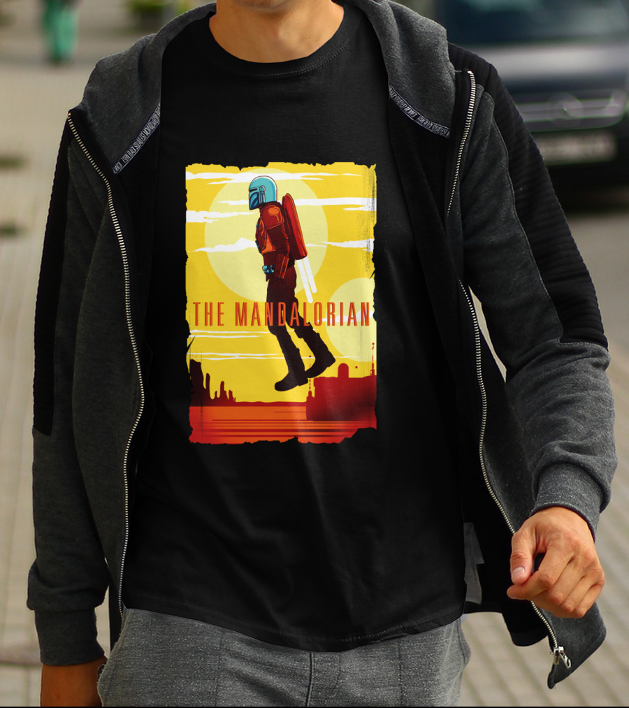 The Mandalorian Jet Pack Floating Scene With Yellow T-Shirt