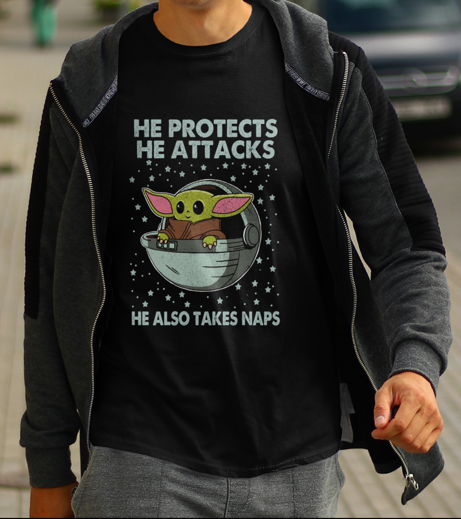 The Mandalorian The Child He Protects He Attacks He Also Takes Naps T-Shirt