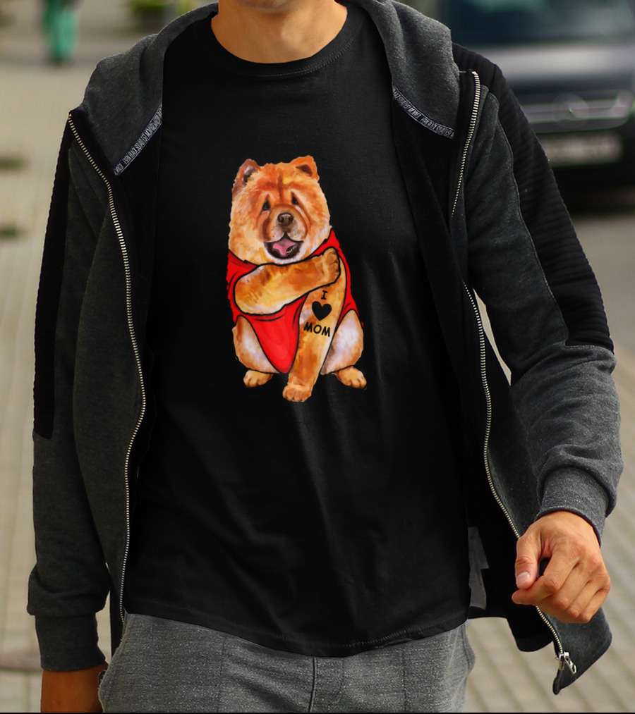Chow Chow Dog In Red Outfit With I Love Mom Tattoo T-Shirt