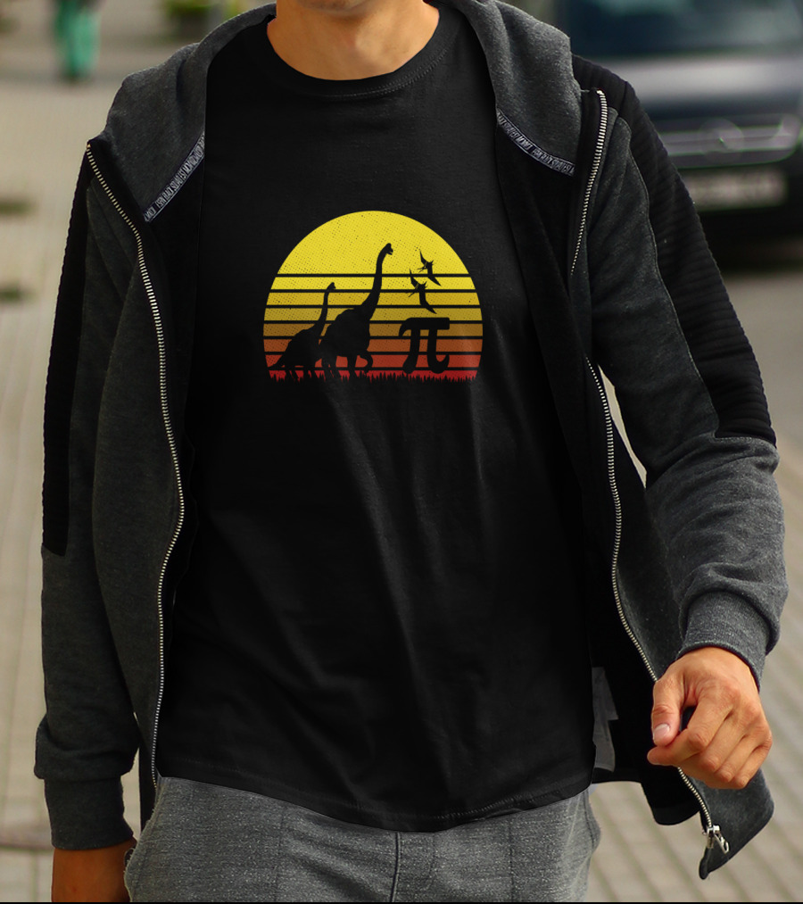 Retro Vintage Dinosaur Pi Day Sunset Scene T-Shirt