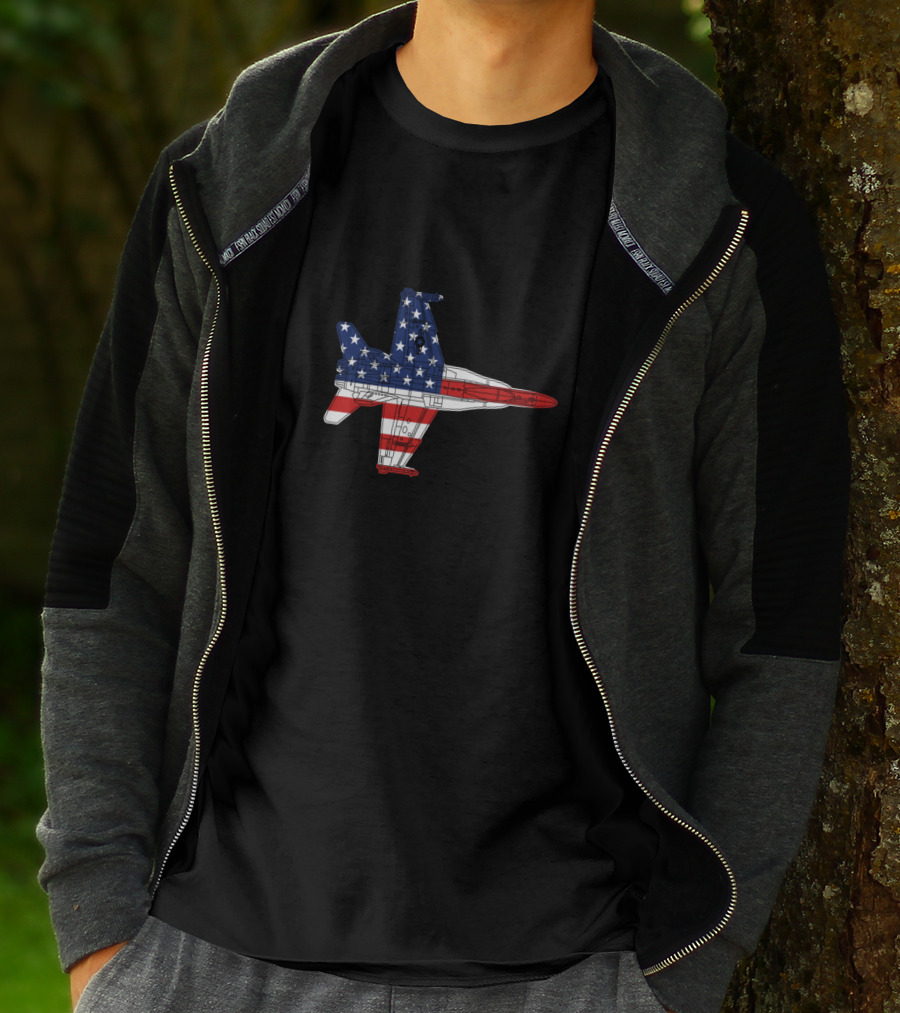 F18 Hornet Military Airplane Schematic American Flag T-Shirt