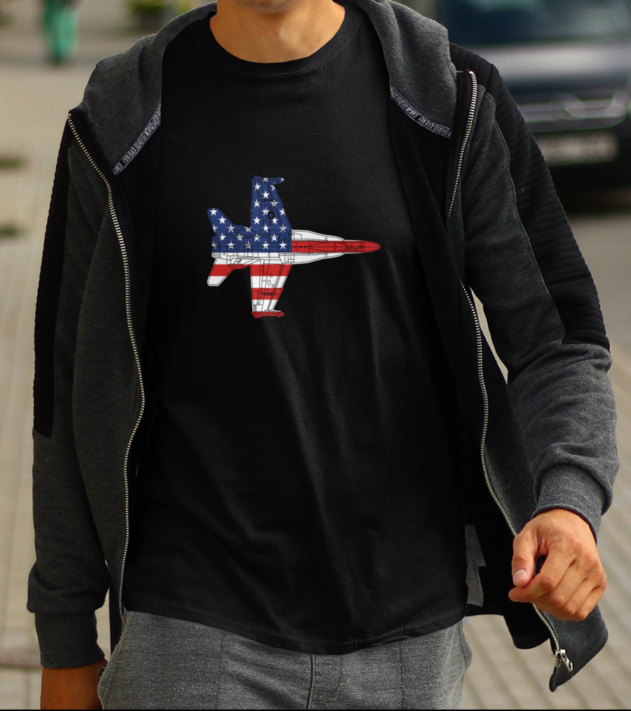 F18 Hornet Military Airplane Schematic American Flag T-Shirt