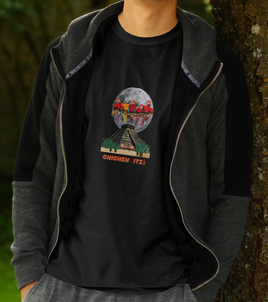 Chichen Itza Pyramid Moon Parrots T-Shirt
