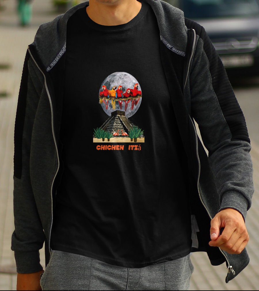 Chichen Itza Pyramid Moon Parrots T-Shirt