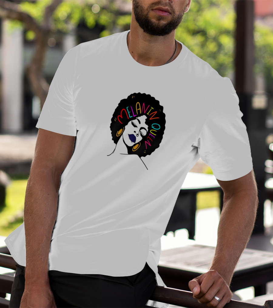 Melanin Queen Afro American Afro Latina Proud Black Woman Raglan Afro Hairstyle Bold Colors Gold Hoop Earrings T-Shirt