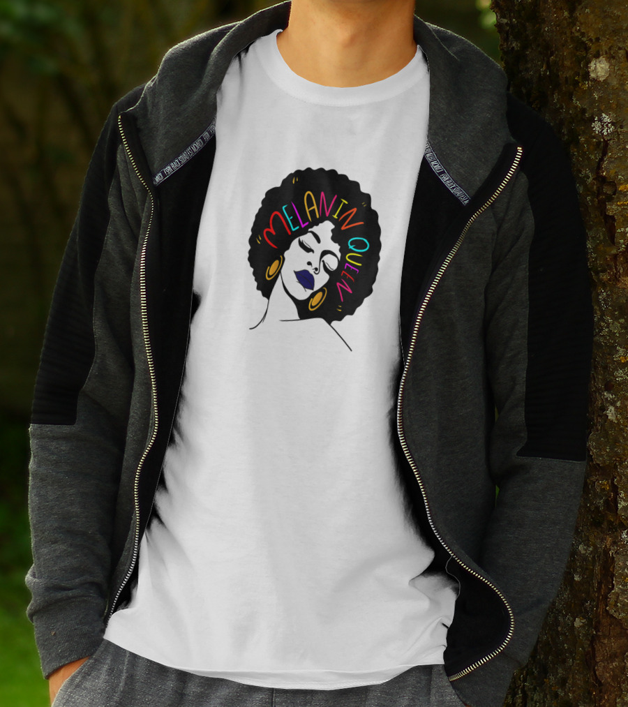 Melanin Queen Afro American Afro Latina Proud Black Woman Raglan Afro Hairstyle Bold Colors Gold Hoop Earrings T-Shirt