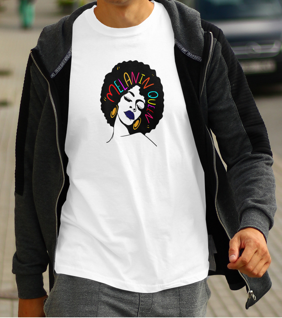 Melanin Queen Afro American Afro Latina Proud Black Woman Raglan Afro Hairstyle Bold Colors Gold Hoop Earrings T-Shirt