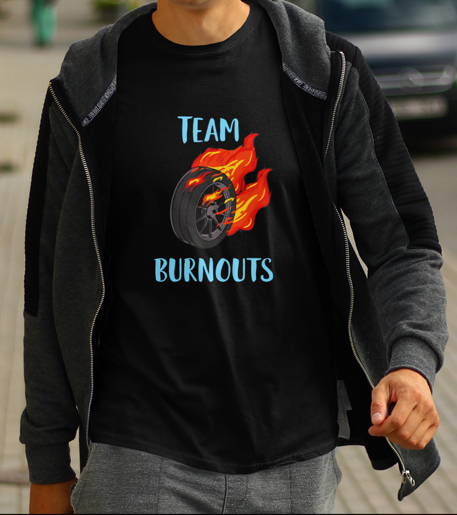 Team Burnouts Gender Reveal Party Idea Baby Boy Reveal Flame Tire T-Shirt