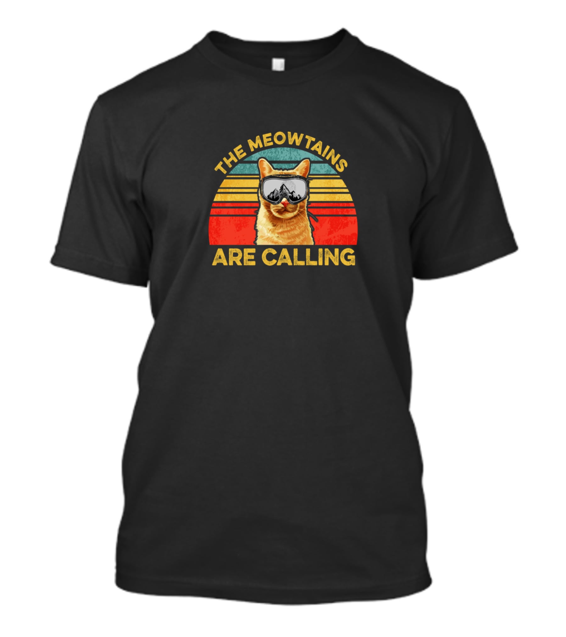The Meowtains Are Calling Cat With Goggles Retro Sunset T-Shirt