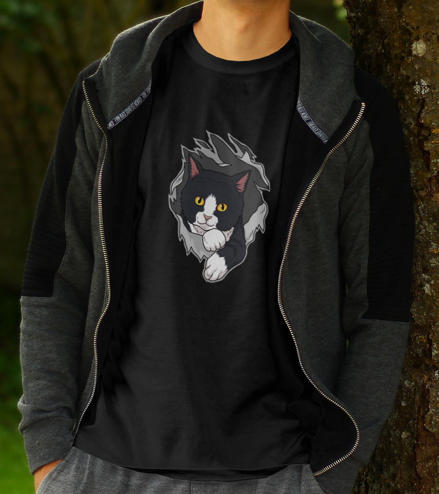 Tuxedo Cat Breaking Through For Women Men And Kitten Lovers T-Shirt
